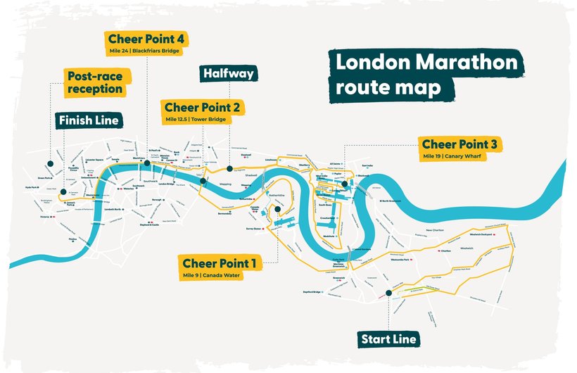A map of the London Marathon route, highlighting the Whizz Kidz cheerpoints and post race reception