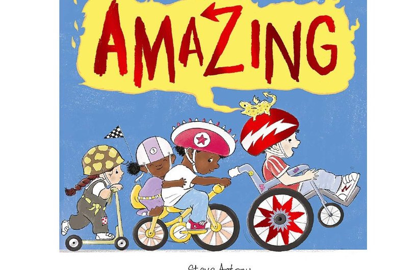 Cover of the book Amazing. It shows an illustration of a boy in a wheelchair being folllowed by his friends on a bike and scooter.