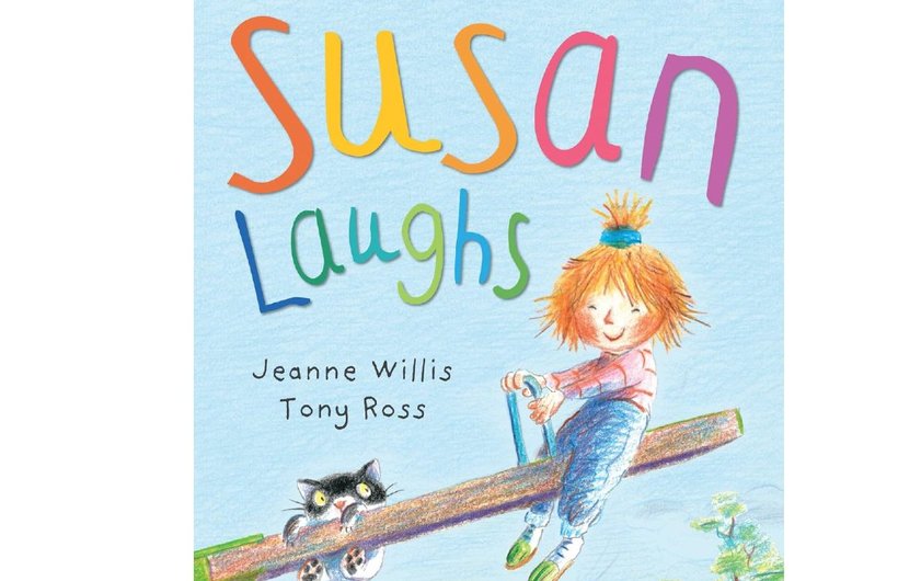 The cover of the book Susans Laugh. There is an illustration of a girl sitting on the end of a see-saw.