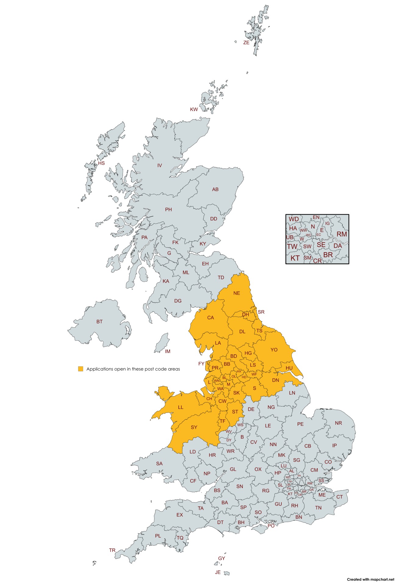Map showing the post code regions Whizz Kidz applications are open for