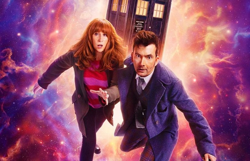 The Doctor and Donna in front of the TARDIS with a swirling purple background.