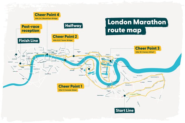 A map of the London Marathon route, highlighting the Whizz Kidz cheerpoints and post race reception