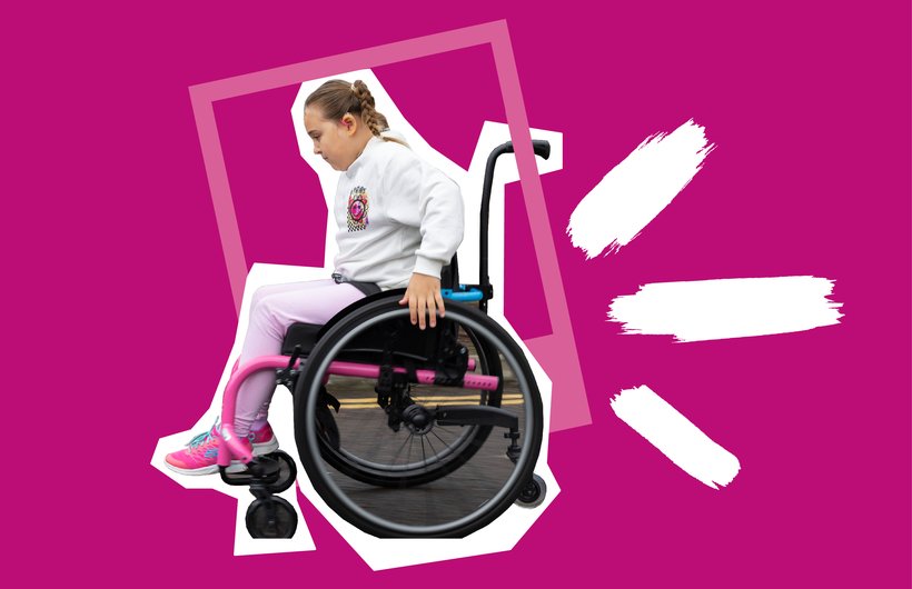 A young person propelling their wheelchair from right to left, viewed from the side. They are 'cut-out' on a bright pink background with doodled motion lines behind them.
