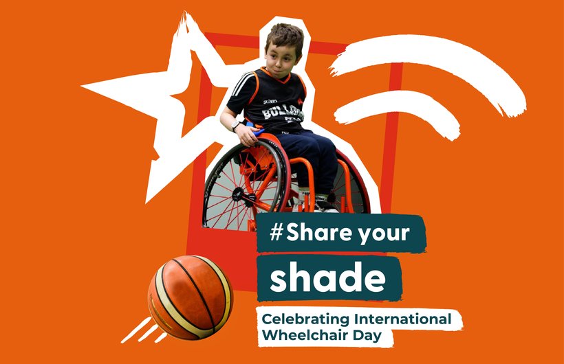 A young person playing wheelchair basktball. They are on a bright orange background with a doodled illustration superimposed behind. The words "Share your shade" and "Celebrating International Wheelchair Day" are on this image.