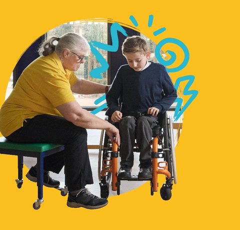 Jasper getting assistance from Sarah, Whizz Kidz's Lead Therapist. Animated doodles appear from behind Jasper.