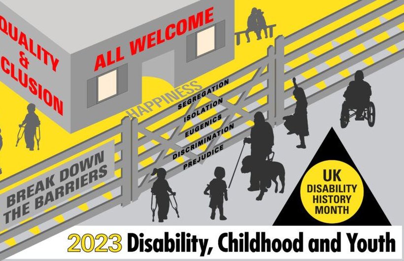 The logo/graphic for Disability History Month 2023. It shows silhouetted disabled children and young people behind a fence-like barrier that has "BREAK DOWN BARRIERS" written on it. On the other side is a building which has "ALL-WELCOME on the front.