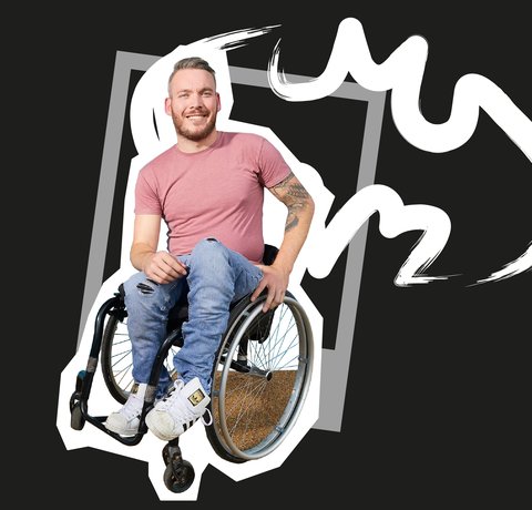 Martin Dougan in a wheelchair. They are 'cut-out' on a black background with doodles in the background.