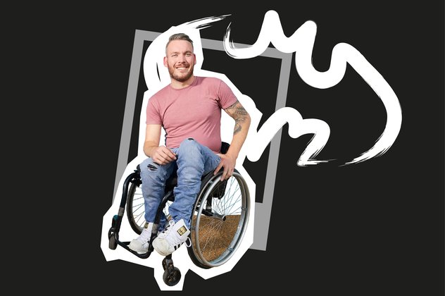 Martin Dougan in a wheelchair. They are 'cut-out' on a black background with doodles in the background.