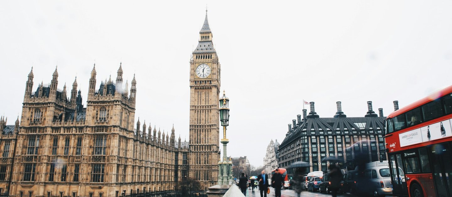 The Houses of Parliament on Portcullis House on a rainy day