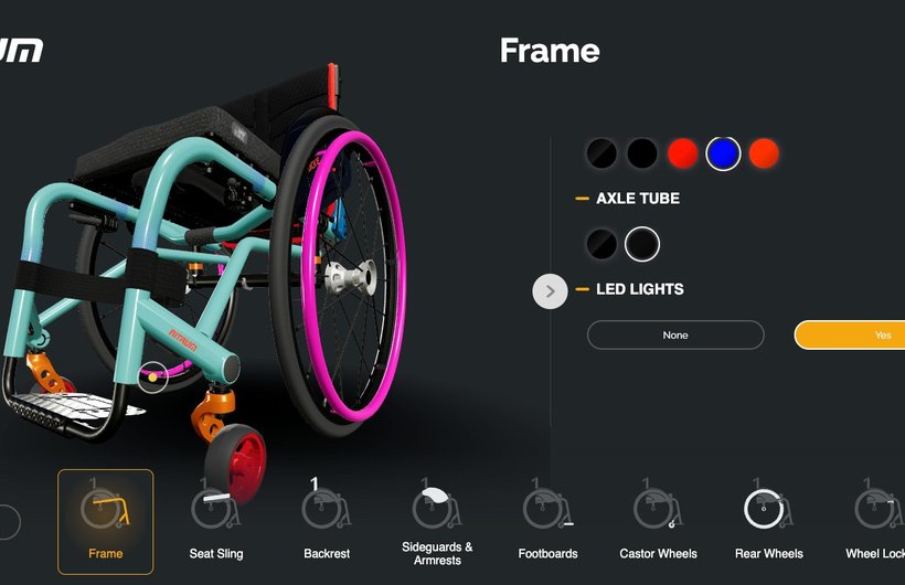 A screen shot of a visualiser page of the Sunrise Medical website where users can pick the colour customisation options of a new wheelchair.