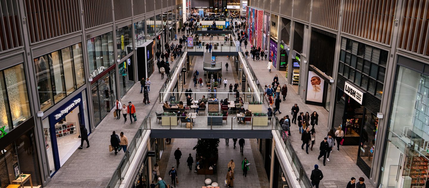 Looking down over the inside of a shopping centre