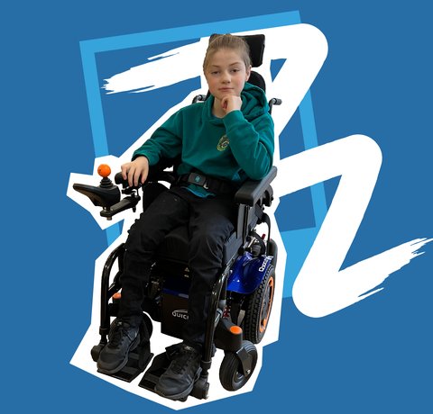 A young person in a powered wheelchair. They are 'cut-out' on a bright blue background.