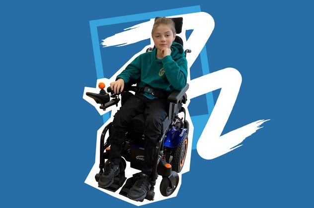 A young person in a powered wheelchair. They are 'cut-out' on a bright blue background.