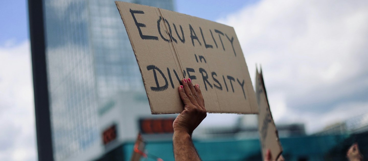 A sign held up at a protest saying "Equality in Diversity"