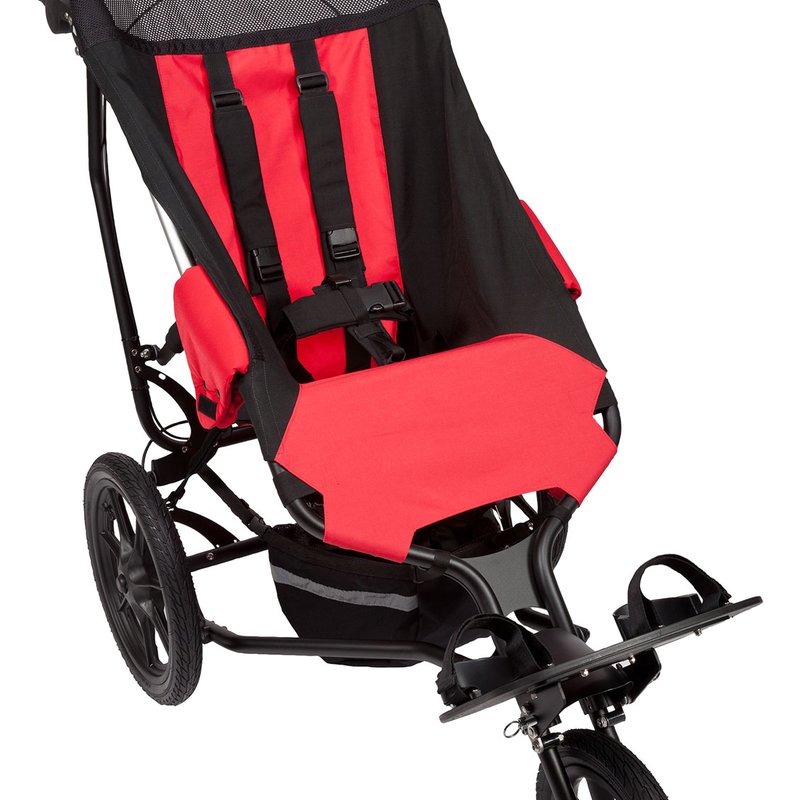 A red and black Delichon Delta special needs buggy