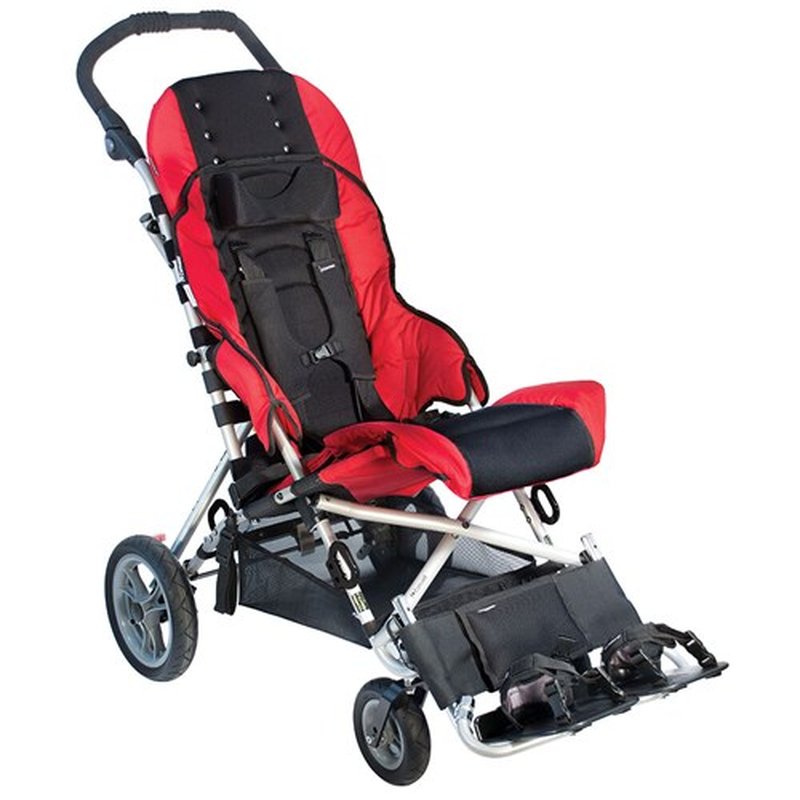 A red and black Convaid Cruiser special needs buggy
